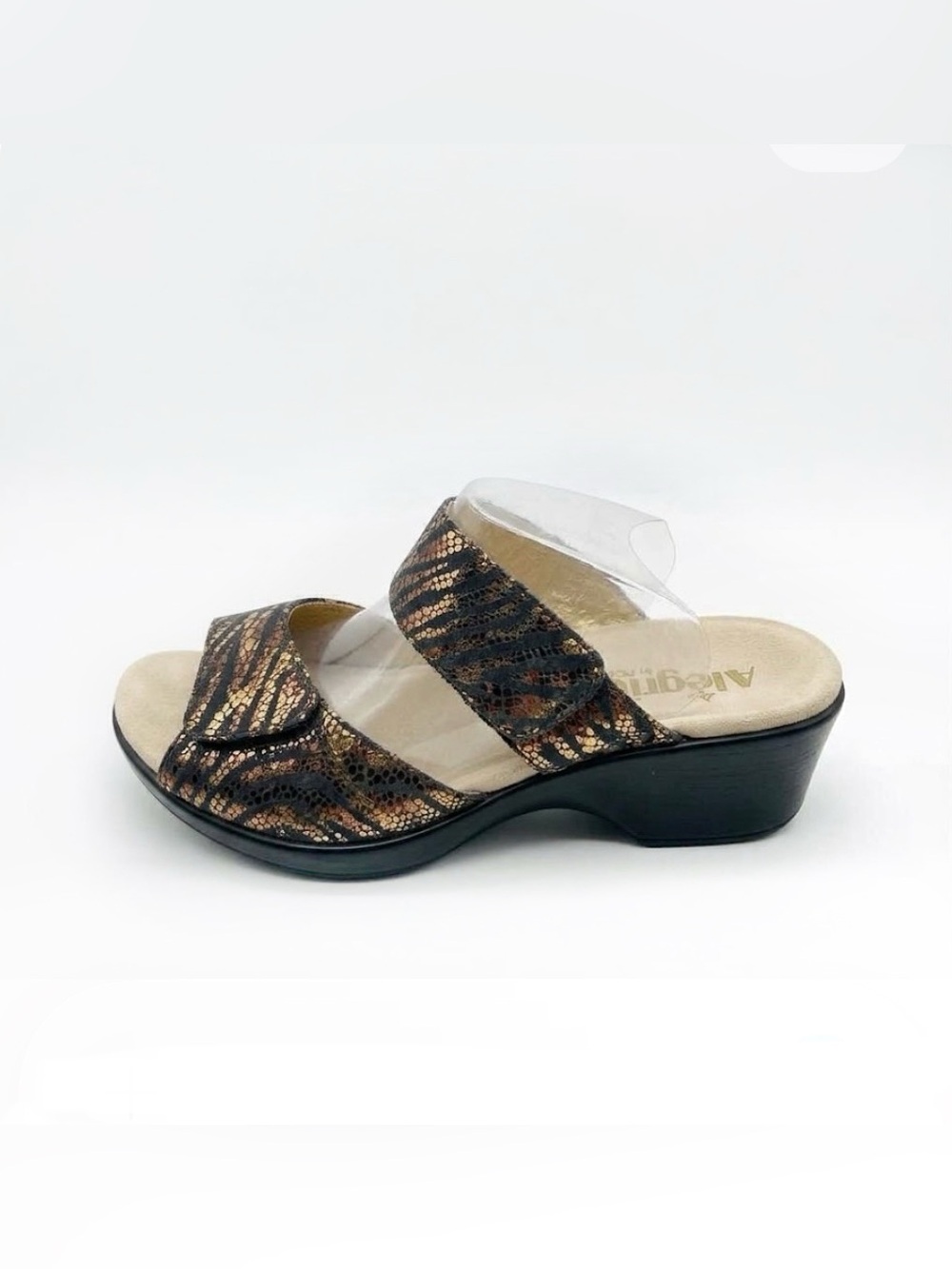 ALEGRIA Asha Wedge Sandals Metallic Animal Print Dual Adjustable Straps Size 40